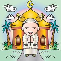 Muslim boy in front of the mosque vector