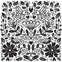 Black and white doodle art birds, floral pattern. vector