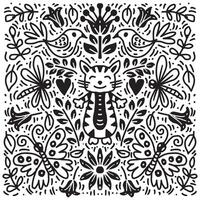 Black and white doodle pattern with cat, dragonfly, flowers and hearts. vector