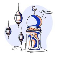 Flat illustration of Ramadan symbols. Features a crescent moon, mosque, and lanterns. Perfect for greeting cards, social media vector