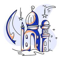 Ramadan Mubarak illustration with a crescent moon, mosque, and lanterns. Ideal for creating a warm and celebratory atmosphere on cards, banners, and digital content. vector