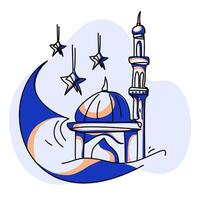 Vibrant Ramadan illustration with a modern twist. Features a crescent moon, mosque, and lanterns. Perfect for festive designs and social media vector