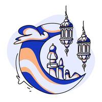 Minimalist Ramadan illustration. Features a crescent moon, mosque, and lanterns. Ideal for creating a warm and celebratory atmosphere on cards, banners, and digital content. vector