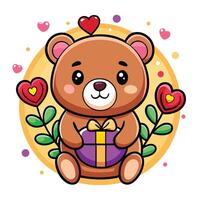 Cute cartoon teddy bear sticker with love shape gift box for Valentine's Day design vector