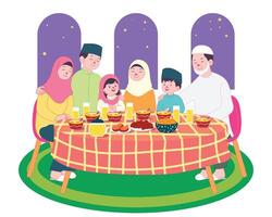 Warm family gathering at iftar during Ramadan, waiting to break fast with joy and togetherness. vector