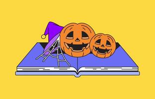 Pumpkins and webs in an open book cartoon illustration vector