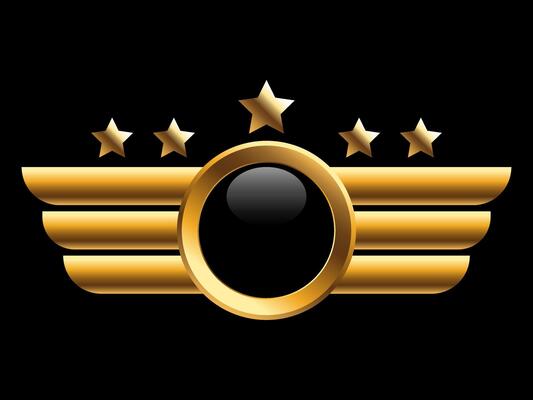 Gold wings banner with five stars on isolated black background