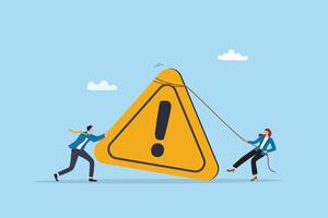 Attention message, notice or caution awareness, risk, dangerous or threat notification, problem alert, beware or mistake warning concept, businessman pushing exclamation triangle attention sign. vector