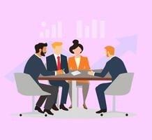 Business Planning concept. in flat style of a group of diverse business people having a discussion at a table with graphs in the background. vector