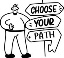 Glyph sticker of a person standing next to a signpost with text choose your path vector