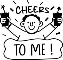 A glyph sticker of a person celebrating with firecrackers and text cheers to me vector
