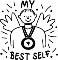Smiling character wearing medal with text my best self, glyph sticker vector