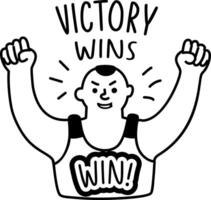 Glyph sticker of a person with their fists raised above and text victory wins vector