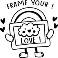 A glyph sticker of a cute frame character holding a picture of a smiling cloud with the text love vector
