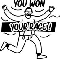 Person crossing the finish line with text you won your race, glyph style sticker vector