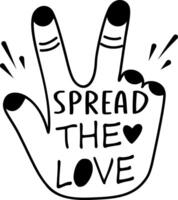 A glyph sticker of a colourful hand making a peace sign with the text spread the love written on it vector