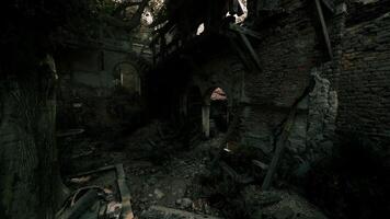 Ruins of an old building with overgrown vegetation in a dim light environment video