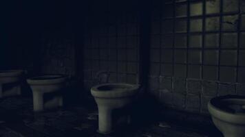 vieux salle de repos avec nombreuses toilettes dans une vaguement allumé environnement video