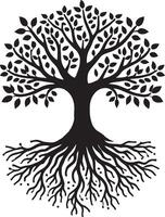 Textured tree with roots silhouette artwork on a pristine white backdrop vector