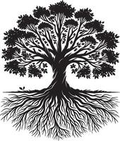 Modern tree and roots artwork in silhouette on white vector