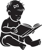 Precious little one with a book silhouette on a plain white canvas vector