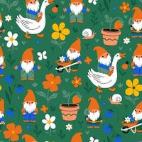 Seamless pattern with cute garden gnomes and flowers. graphics vector