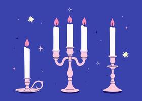 Burning candles in silver candlesticks on a blue background. graphics vector