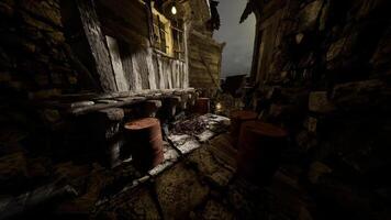 Night view of a narrow alley with barrels and rustic architecture video