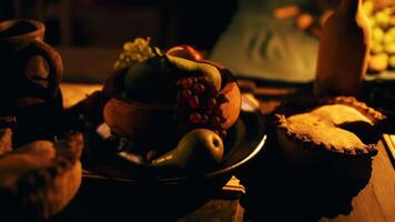 A beautifully arranged table with assorted food and drinks amid soft lighting video