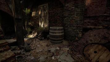 Old stone wall with barrel and overgrown vegetation in abandoned space video