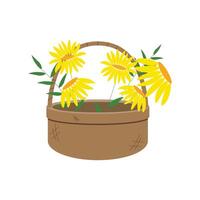 illustration of a flat-style wicker basket with flowers on a white background. vector