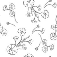 Centella asiatica stems and rounded leaves black white seamless pattern. Geranium, pennywort herbal plants hand drawn. Greenery design on repeating background for package, textile, texture vector