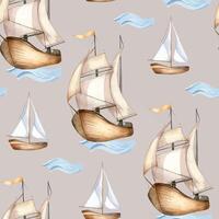 Different sailing boats on sea waves hand drawn watercolor for seamless nautical pattern. Maritime design textile with seafaring. Nautical background with sailing ship for packaging, print. vector