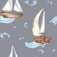 Sailboat one mast on waves and small fish hand drawn by seamless pattern. Nautical design textile in watercolor . Fishes and sail vessel on background isolated. Element for packaging, marine products vector