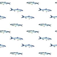 Small fishes anchovy on watercolor seamless pattern isolated. Fresh sea fish hand drawn endless background. Marine pattern with fish. Underwater sea design for package, textile, paper vector