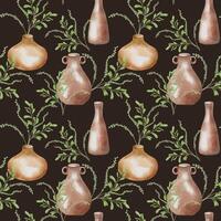 Vases handcrafted with floral arrangement in watercolor isolated. Pottery with greenery plants hand drawn seamless pattern. Handmade clay jug with leaves and stems. For textile on ceramics themes. vector