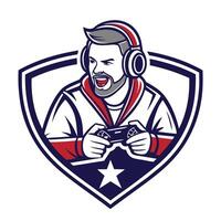 mascot icon retro retro game gamer man playing game set inside shield crest on isolated vector