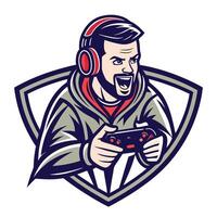 mascot icon game gamer with headphones and controller set inside shield crest on isolated background done vector