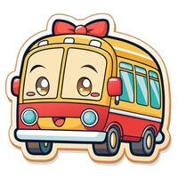 cartoon bus sticker with eyes and bow vector