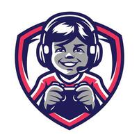 mascot icon of a boy playing game with controller set inside shield crest on isolated background vector