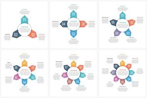 Circle infographic templates with 3, 4, 5, 6, 7 and 8 elements, steps or options, workflow or process diagram, data vizualization vector