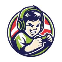 mascot icon of a boy playing game with headphones on his head set inside circle on vector