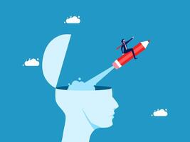 businessman flying on a rocket to the top of the brain vector