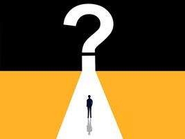 Problems and opportunities. Businessman steps towards the question mark door vector