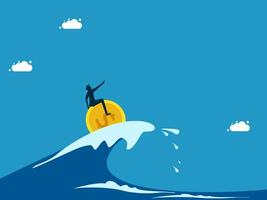 man riding on top of a wave with a coin vector