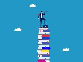 man is standing on top of a pile of books and a light bulb vector