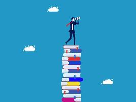 a man is standing on top of a pile of books and a light bulb vector