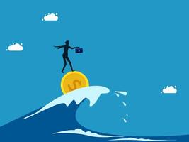 businessman standing on top of a wave with a coin vector