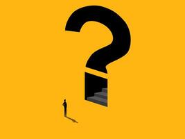 Solution, Ambition. Businessman on the stairs in question mark on the wall vector