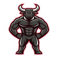 a black bull mascot with a big head and a red and black background vector